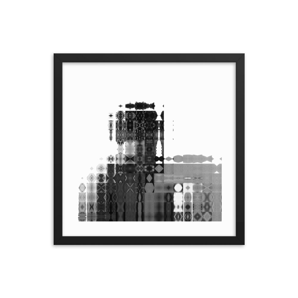 Kaleidoscopic image created from four identical images organized to form a silhouette in black and white. Size: 16x16 inches, framed in black.