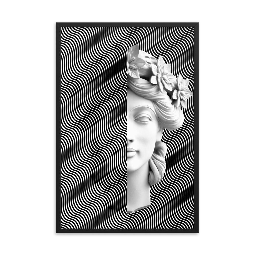 Close-up of a statue depicting a woman's head adorned with flowers in her hair. The artwork is entirely in black and white, and includes an illusion where half of the image covers one side and shows her silhouette as an illusion. Size: 24x36 inches, framed in black.