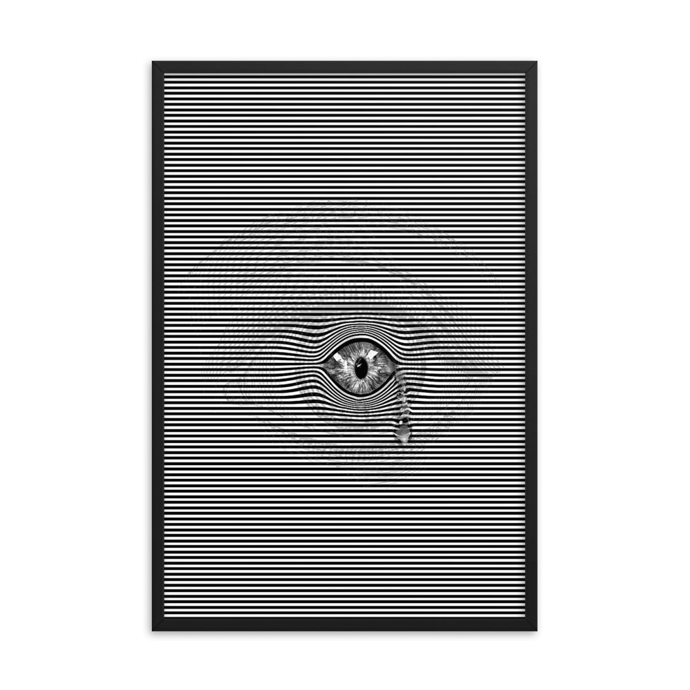 Black and white image featuring a realistic eye with a tear drop, set against a silhouette of the surrounding area of the human eye, creating an illusionary effect. Size: 24x36 inches, framed in black.
