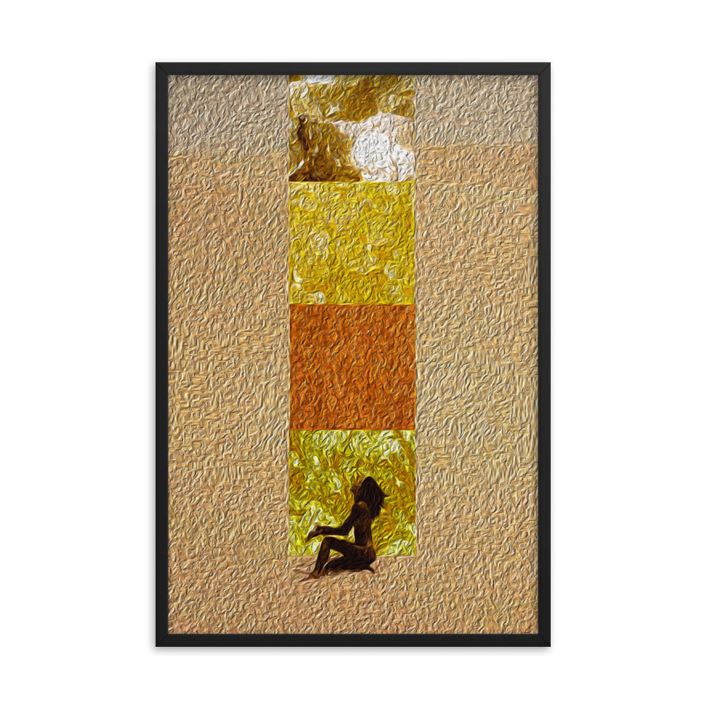Artwork depicting a woman sitting in a sand dune, with four textured squares rising up, blending oil painting and digital collage elements. Size: 24x36 inches