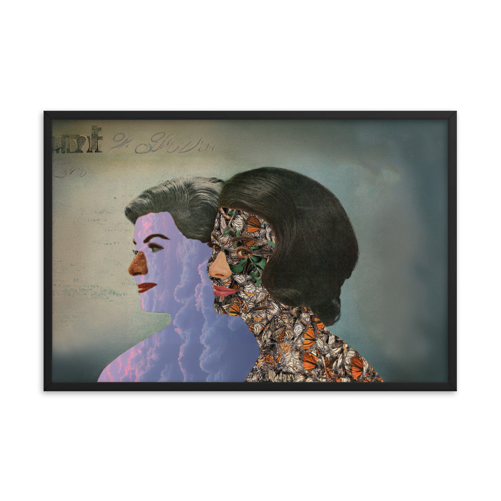 Artistic composition depicting silhouettes of women with butterflies and clouds, set against a vintage 70s aesthetic backdrop, framed in black, size 24x36 inches