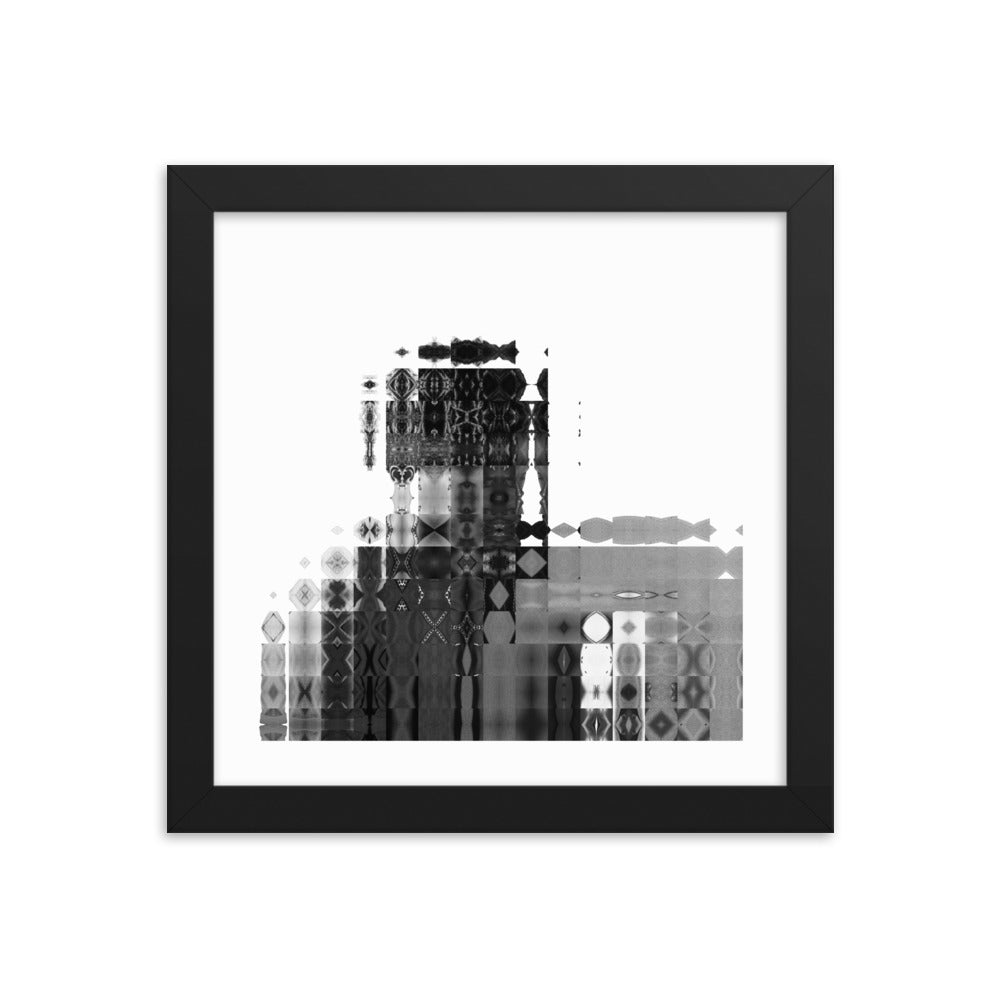 Kaleidoscopic image created from four identical images organized to form a silhouette in black and white. Size: 10x10 inches, framed in black.