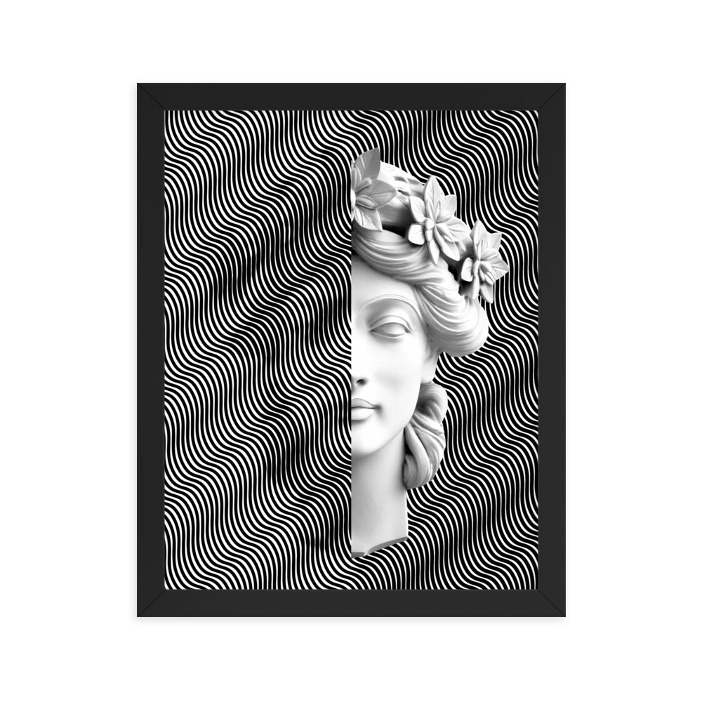 Close-up of a statue depicting a woman's head adorned with flowers in her hair. The artwork is entirely in black and white, and includes an illusion where half of the image covers one side and shows her silhouette as an illusion. Size: 11x14 inches, framed in black.