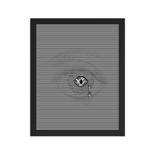 Black and white image featuring a realistic eye with a tear drop, set against a silhouette of the surrounding area of the human eye, creating an illusionary effect. Size: 11x14 inches, framed in black.