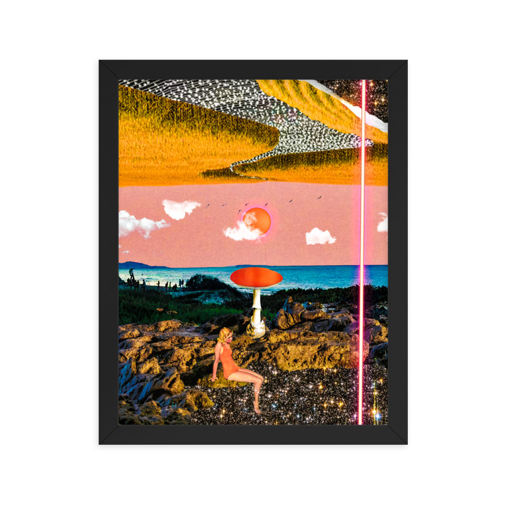 Vintage futurism digital collage artwork featuring a woman sitting on rocks with a red mushroom, dipping her feet in a starry space below. The upper half shows a sun with clouds, birds in the sky, and a horizon blending into a hayfield with a paper rip and space beyond. A red laser beam cuts through the space, creating a dynamic contrast between nature and cosmic elements. Size: 11x14 inches, framed in black.