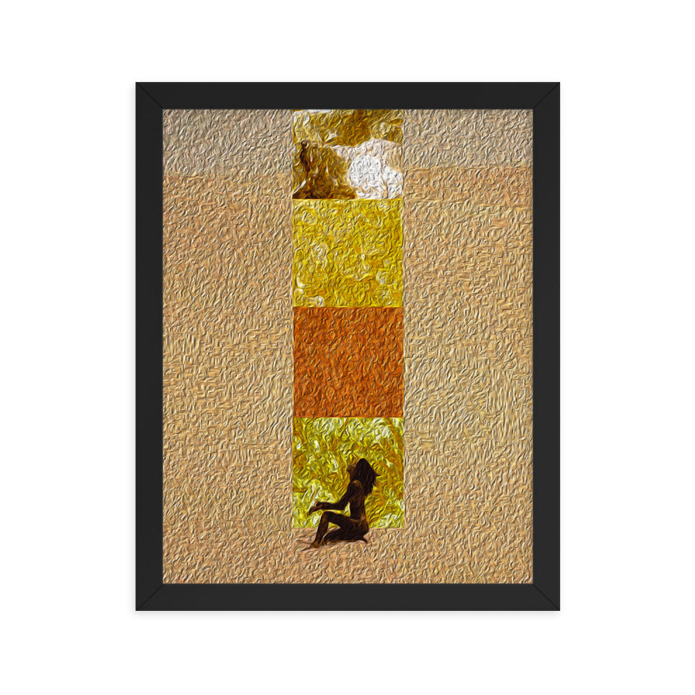Artwork depicting a woman sitting in a sand dune, with four textured squares rising up, blending oil painting and digital collage elements. Size: 11x14 inches