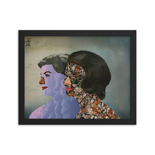 Artistic composition depicting silhouettes of women with butterflies and clouds, set against a vintage 70s aesthetic backdrop, framed in black, size 11x14 inches