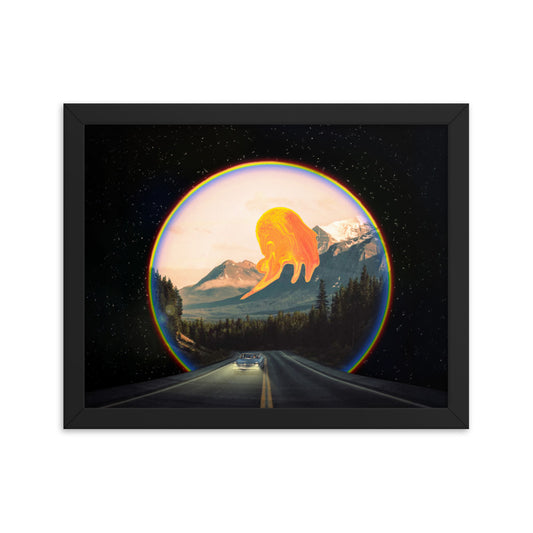Vintage futurism collage art depicting a woman driving a blue car on a road with headlights on. The background features a mountain, a melting sun, and a road that extends through a portal with a rainbow ring. On the other side of the portal is space filled with stars. Size: 11x14 inches, framed in black.
