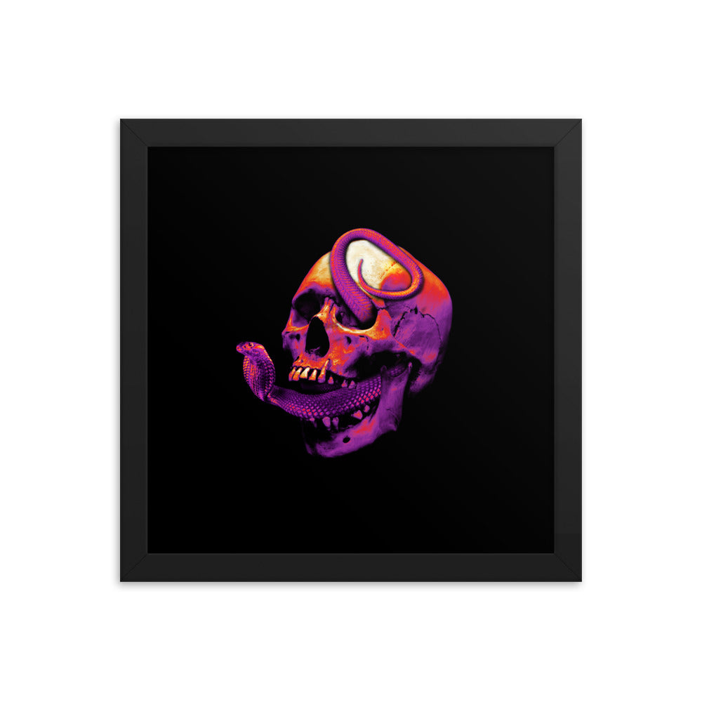Thermal vision artwork featuring a skull with a snake in its mouth and tail emerging from its eye. The color scheme includes yellow and purple tones, creating a vibrant and dynamic composition. Size: 12x12 inches, framed in black