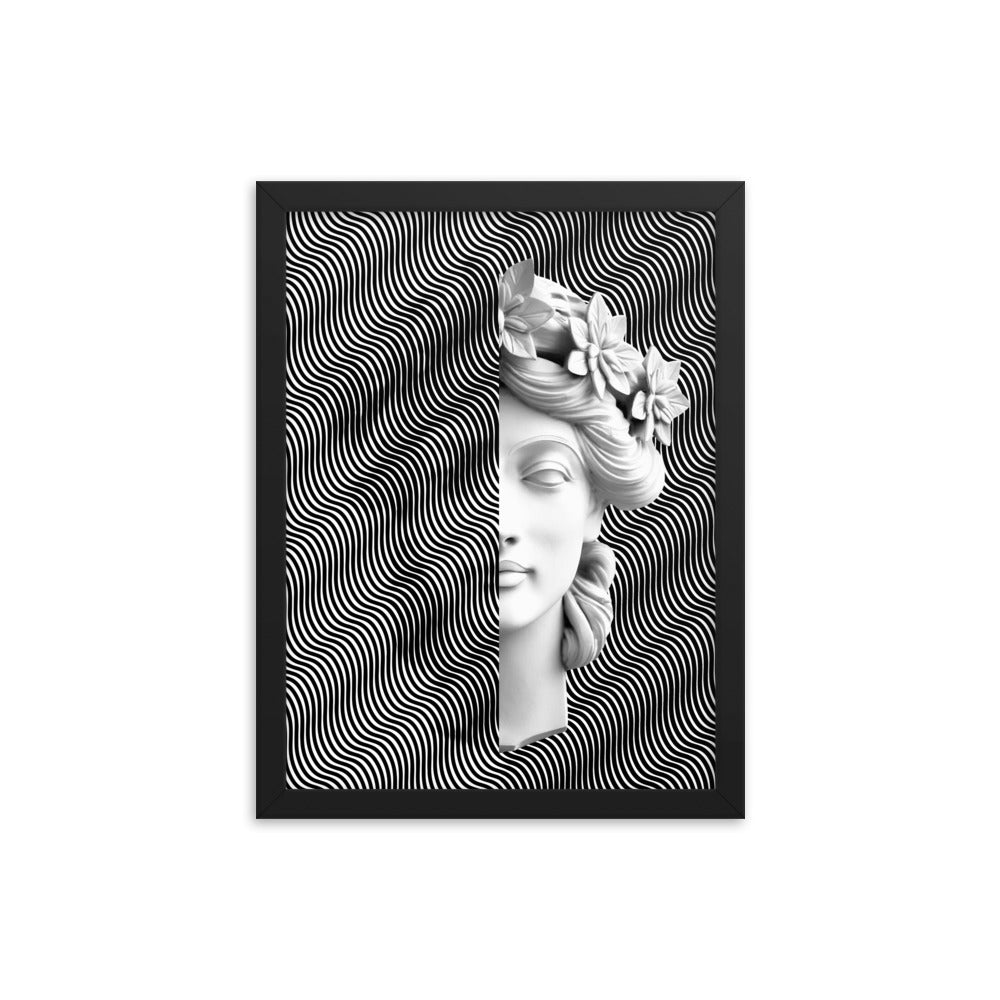 Close-up of a statue depicting a woman's head adorned with flowers in her hair. The artwork is entirely in black and white, and includes an illusion where half of the image covers one side and shows her silhouette as an illusion. Size: 12x16 inches, framed in black.