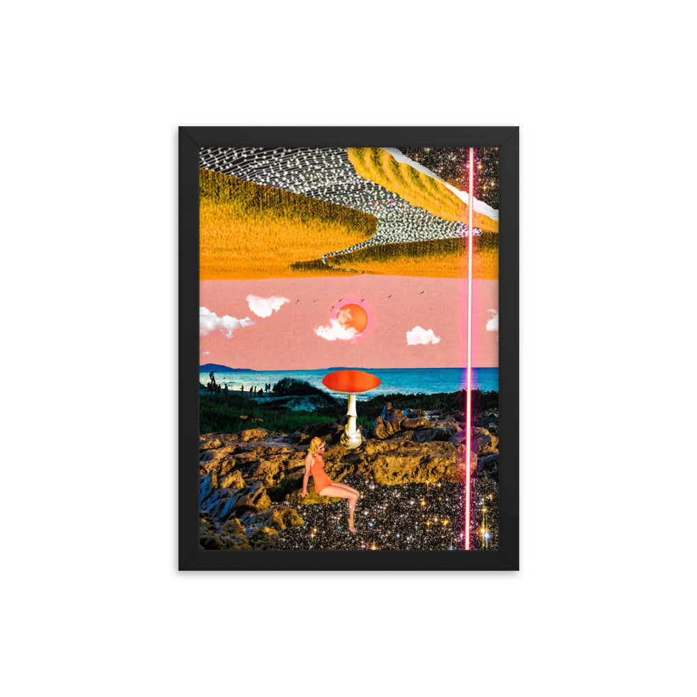 Vintage futurism digital collage artwork featuring a woman sitting on rocks with a red mushroom, dipping her feet in a starry space below. The upper half shows a sun with clouds, birds in the sky, and a horizon blending into a hayfield with a paper rip and space beyond. A red laser beam cuts through the space, creating a dynamic contrast between nature and cosmic elements. Size: 12x16 inches, framed in black.