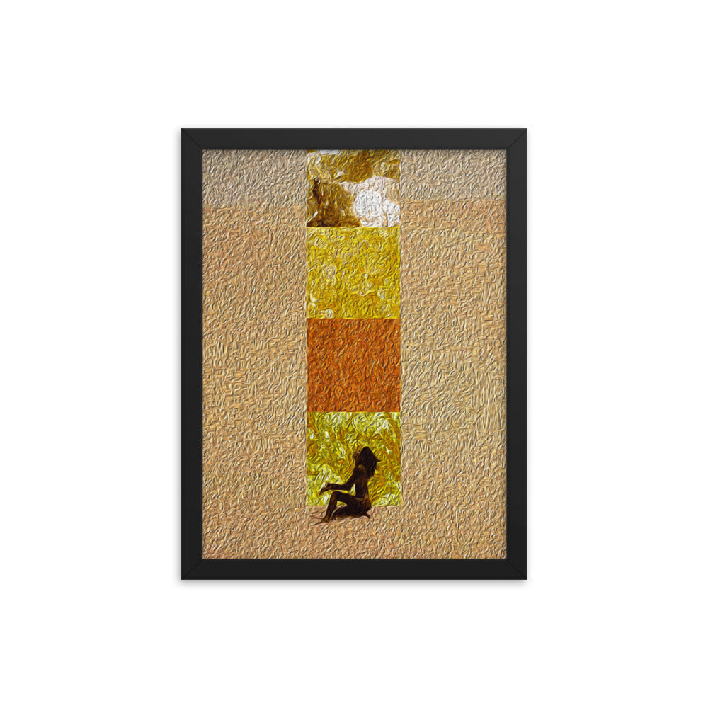 Artwork depicting a woman sitting in a sand dune, with four textured squares rising up, blending oil painting and digital collage elements. Size: 12x16 inches