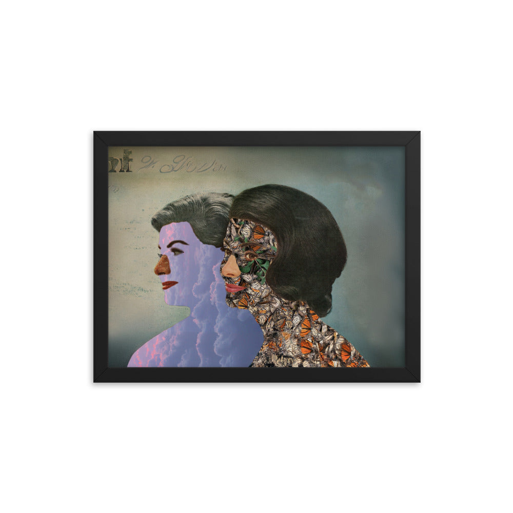 Artistic composition depicting silhouettes of women with butterflies and clouds, set against a vintage 70s aesthetic backdrop, framed in black, size 12x16 inches