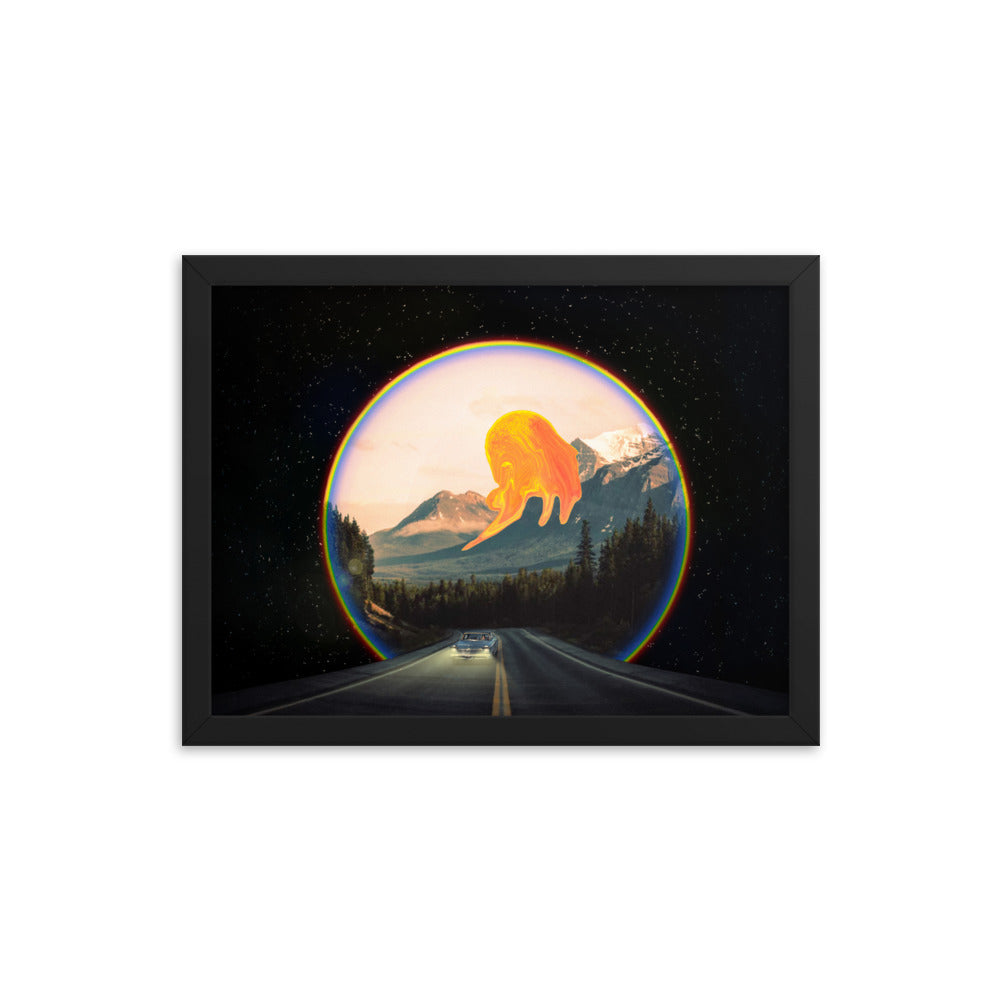 Vintage futurism collage art depicting a woman driving a blue car on a road with headlights on. The background features a mountain, a melting sun, and a road that extends through a portal with a rainbow ring. On the other side of the portal is space filled with stars. Size: 12x16 inches, framed in black.
