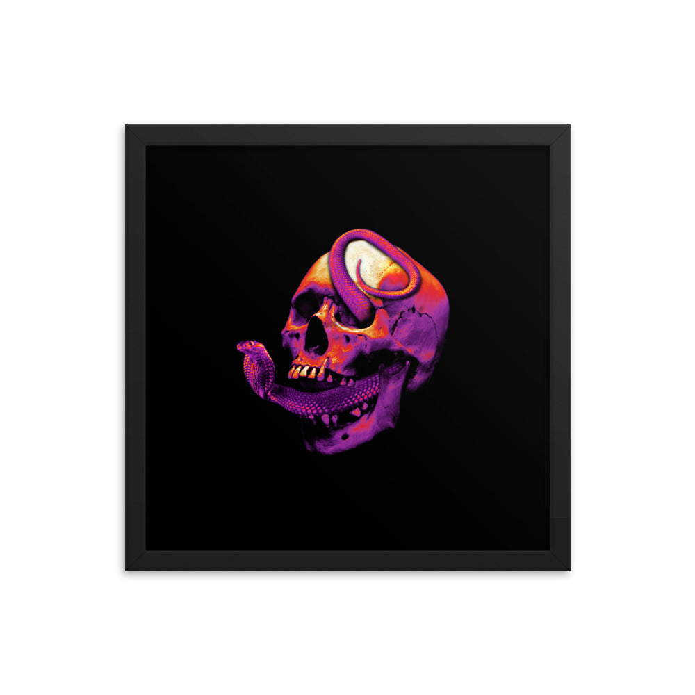 Thermal vision artwork featuring a skull with a snake in its mouth and tail emerging from its eye. The color scheme includes yellow and purple tones, creating a vibrant and dynamic composition. Size: 16x16 inches, framed in black
