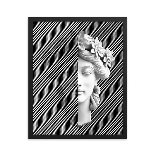 Close-up of a statue depicting a woman's head adorned with flowers in her hair. The artwork is entirely in black and white, and includes an illusion where half of the image covers one side and shows her silhouette as an illusion. Size: 16x20 inches, framed in black.