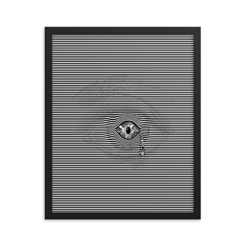 Black and white image featuring a realistic eye with a tear drop, set against a silhouette of the surrounding area of the human eye, creating an illusionary effect. Size: 16x20 inches, framed in black.
