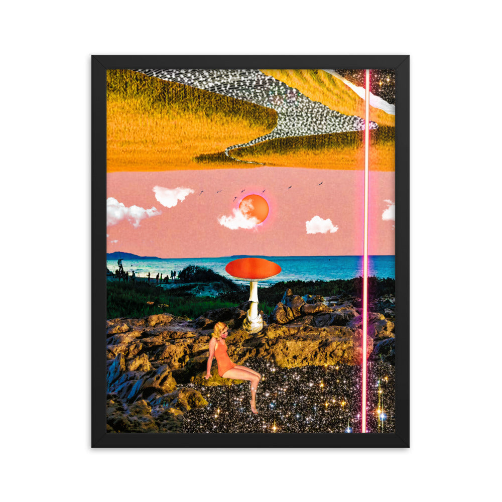 Vintage futurism digital collage artwork featuring a woman sitting on rocks with a red mushroom, dipping her feet in a starry space below. The upper half shows a sun with clouds, birds in the sky, and a horizon blending into a hayfield with a paper rip and space beyond. A red laser beam cuts through the space, creating a dynamic contrast between nature and cosmic elements. Size: 16x20 inches, framed in black.