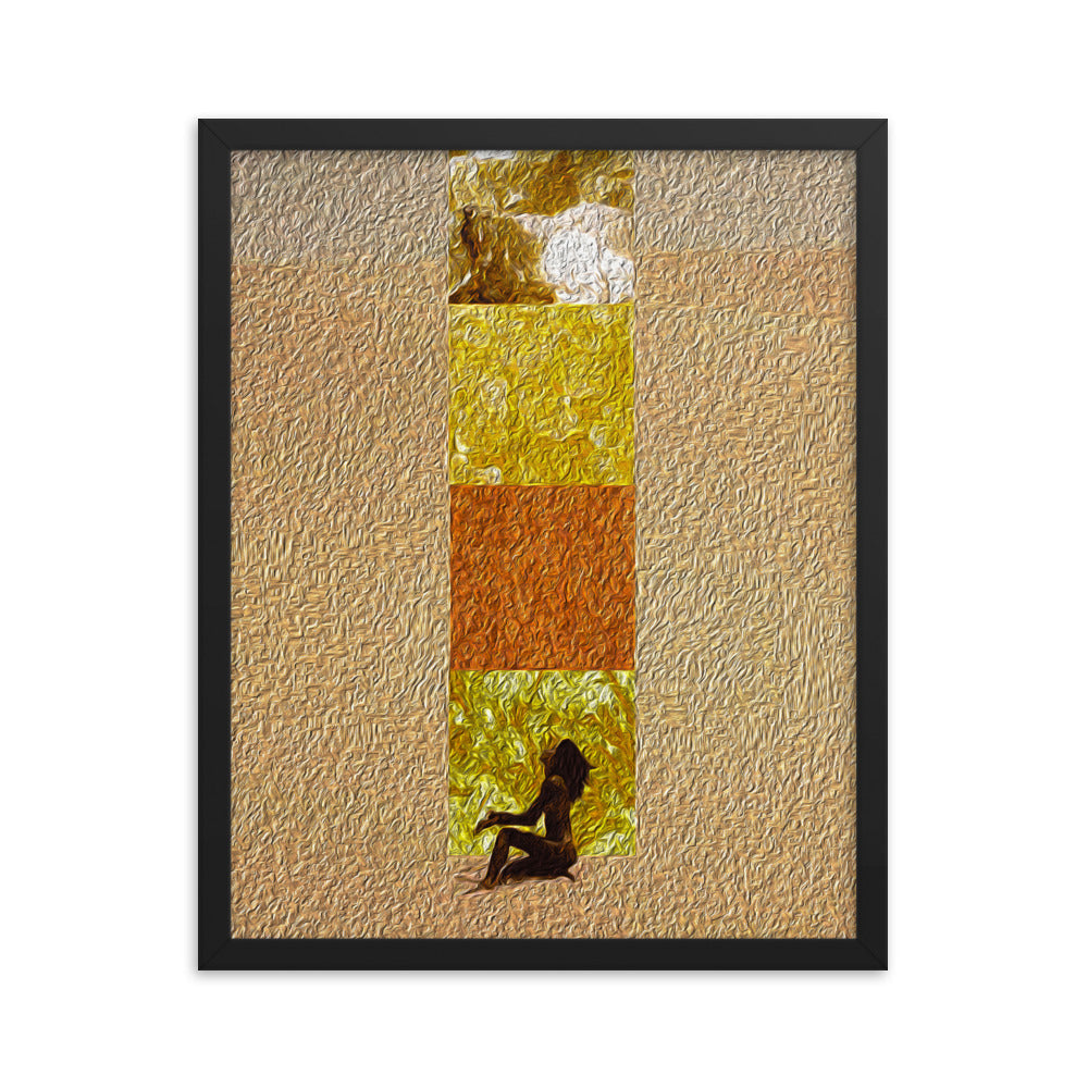 Artwork depicting a woman sitting in a sand dune, with four textured squares rising up, blending oil painting and digital collage elements. Size: 16x20 inches