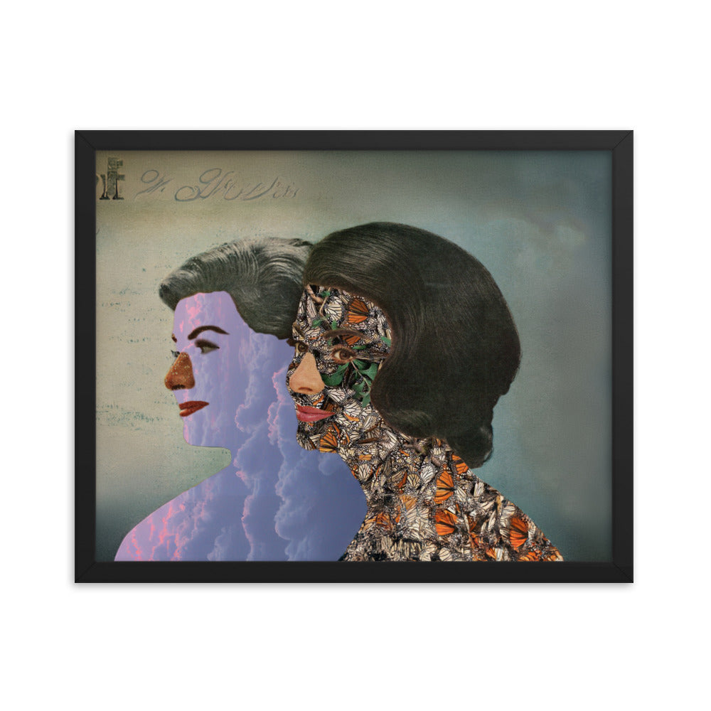 Artistic composition depicting silhouettes of women with butterflies and clouds, set against a vintage 70s aesthetic backdrop, framed in black, size 16x20 inches