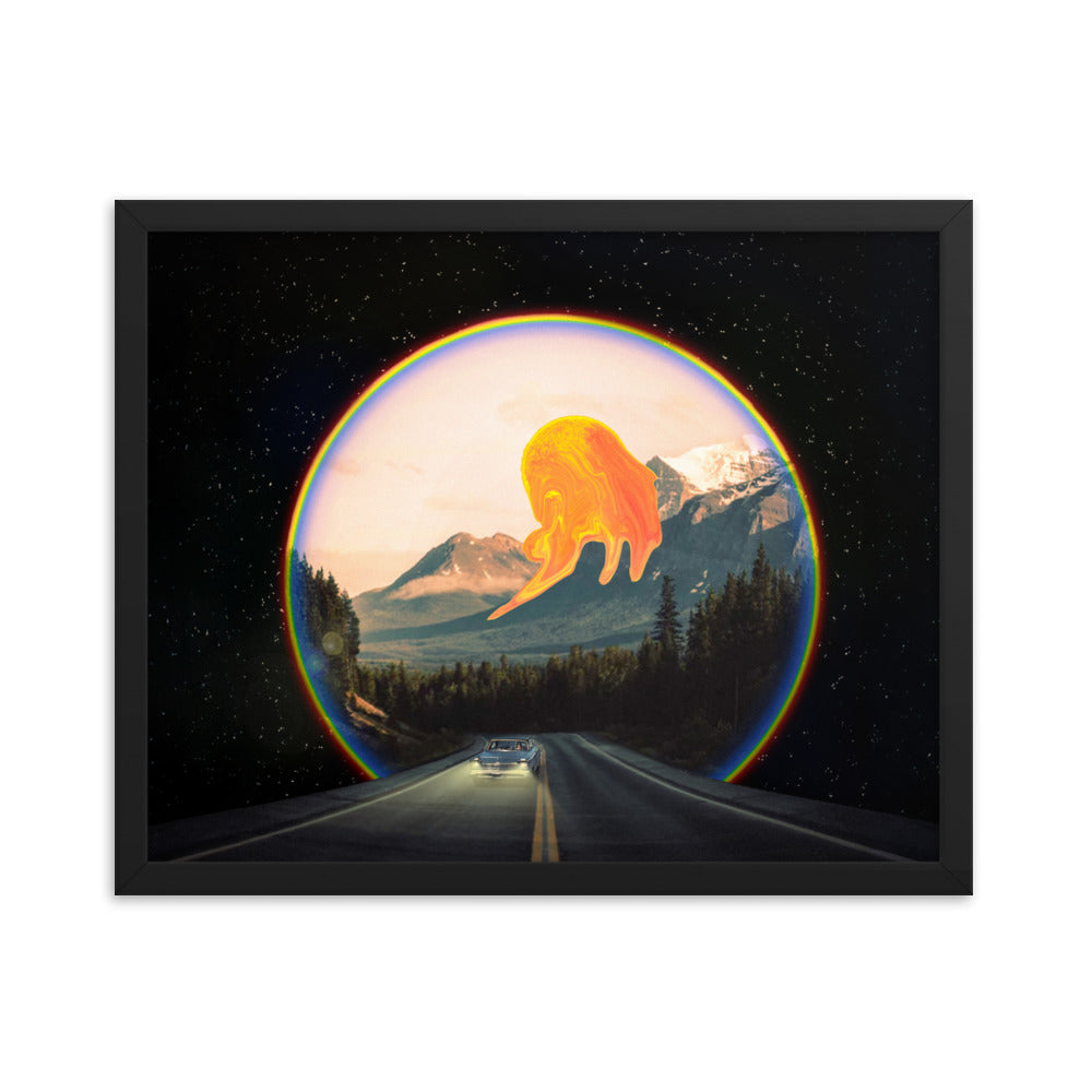 Vintage futurism collage art depicting a woman driving a blue car on a road with headlights on. The background features a mountain, a melting sun, and a road that extends through a portal with a rainbow ring. On the other side of the portal is space filled with stars. Size: 16x20 inches, framed in black.