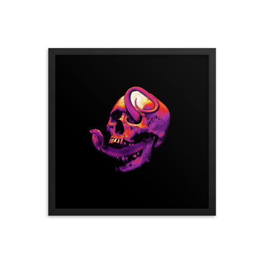 Thermal vision artwork featuring a skull with a snake in its mouth and tail emerging from its eye. The color scheme includes yellow and purple tones, creating a vibrant and dynamic composition. Size: 18x18 inches, framed in black