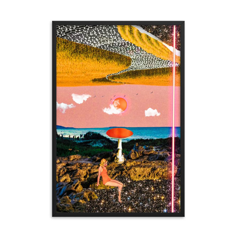Vintage futurism digital collage artwork featuring a woman sitting on rocks with a red mushroom, dipping her feet in a starry space below. The upper half shows a sun with clouds, birds in the sky, and a horizon blending into a hayfield with a paper rip and space beyond. A red laser beam cuts through the space, creating a dynamic contrast between nature and cosmic elements. Size: 24x36 inches, framed in black.