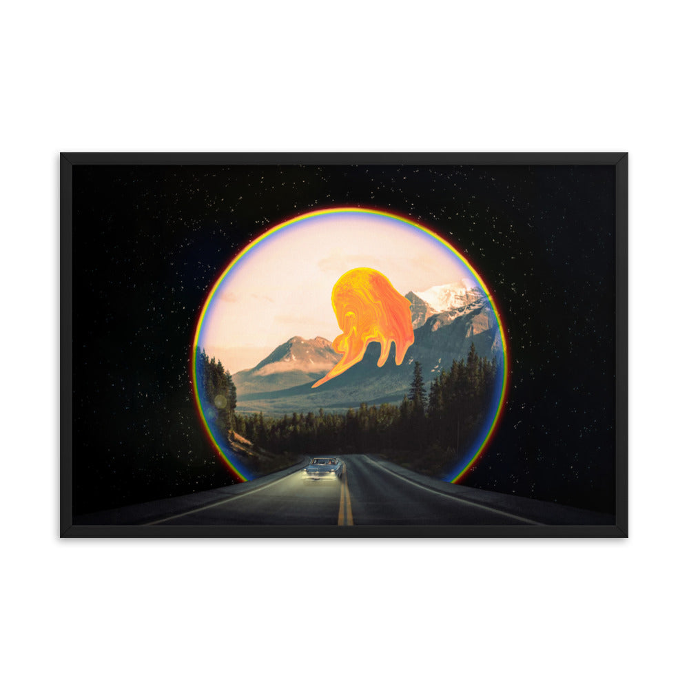 Vintage futurism collage art depicting a woman driving a blue car on a road with headlights on. The background features a mountain, a melting sun, and a road that extends through a portal with a rainbow ring. On the other side of the portal is space filled with stars. Size: 24x36 inches, framed in black.