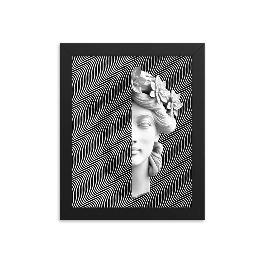 Close-up of a statue depicting a woman's head adorned with flowers in her hair. The artwork is entirely in black and white, and includes an illusion where half of the image covers one side and shows her silhouette as an illusion. Size: 8x10 inches, framed in black.