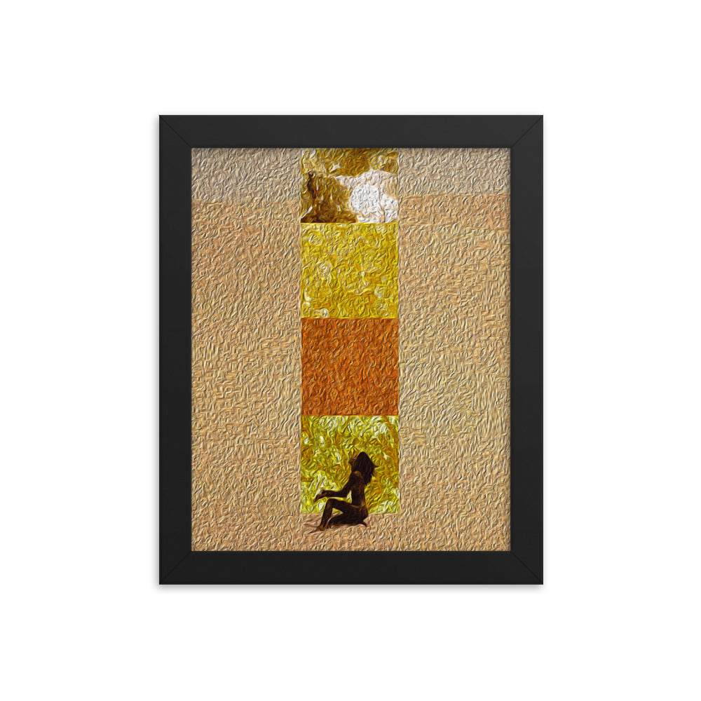 Artwork depicting a woman sitting in a sand dune, with four textured squares rising up, blending oil painting and digital collage elements. Size: 8x10 inches