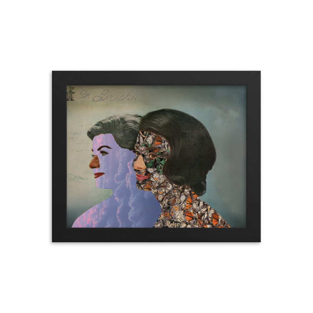 Artistic composition depicting silhouettes of women with butterflies and clouds, set against a vintage 70s aesthetic backdrop, framed in black, size 8x10 inches