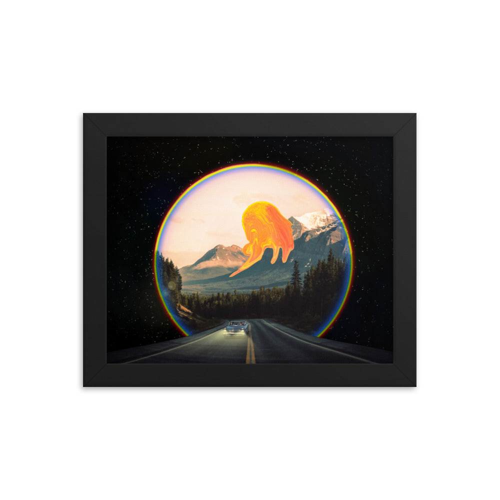 Vintage futurism collage art depicting a woman driving a blue car on a road with headlights on. The background features a mountain, a melting sun, and a road that extends through a portal with a rainbow ring. On the other side of the portal is space filled with stars. Size: 8x10 inches, framed in black.
